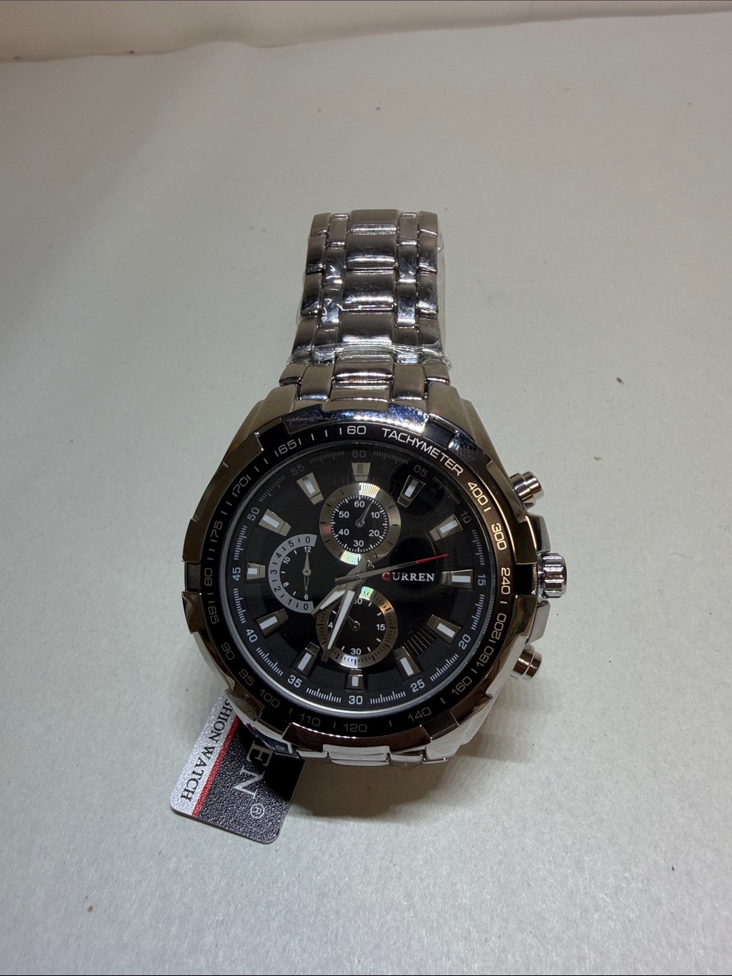 Mens Silver Stainless Steel Chronograph Watch With Black Dial